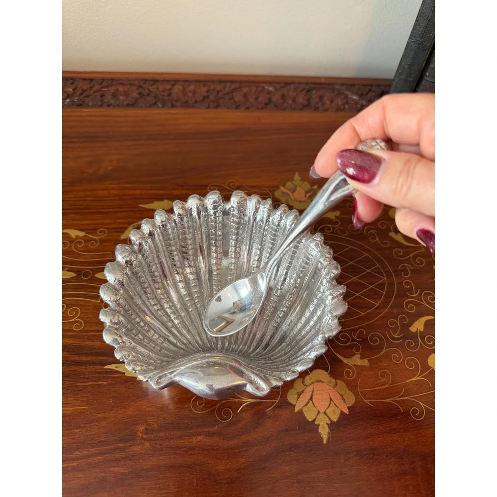 Vintage Shell Dish with‎ Spoon, Hand Cast Metal Scallop Bowl
